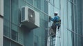 Maintenance Worker on Ladder Inspecting Building Facade With AC Unit on Wall Royalty Free Stock Photo
