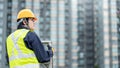 Maintenance worker man climbing aluminium ladder