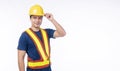 Maintenance workman occupation concept. Handsome confident smile craftsman wear yellow helmet hard hat safety holding hand on head