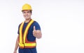 Maintenance workman occupation concept. Handsome confident smile craftsman wear yellow helmet hard hat safety showing thumbs up