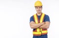 Maintenance workman occupation concept. Handsome confident smile craftsman wear yellow helmet hard hat safety standing arms