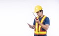 Maintenance workman occupation technology concept. Handsome confident craftsman wear yellow helmet hard hat safety talking with