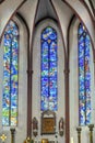 Tained glass windows by Marc Chagall in the apse of the Collegiate Church of St. Stephan. The church was built in 1267-1340. The