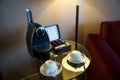 MAINZ, GERMANY - JUL 8th, 2017: Modern capsule coffee machine to make fresh espresso shot in a luxury hotel suite