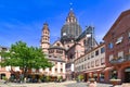 Mainz, Germany - Town square called `Leichhof` with view of Mainz Cathedral in historical center on sunny summer day