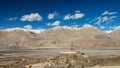 Maitrieya Buddha on Snow mountain and Blue Sky background at Diskit Monastery