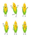 Maize emoji. Cartoon cute corn character, funny corncob emoticons collection sad smile cheerful love surprised sweetcorn Royalty Free Stock Photo