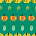 Maize plant, crop and pumpkins on green background seamless repeating vector pattern. Fall harvesting. For Thanksgiving