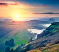 Majastic evening view from the Dyrholaey peninsula, Atlantic ocean. Summer sunset in South Iceland, Vic village location, Europe. Royalty Free Stock Photo