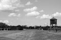 Majdanek concentration camp, wooden staroselye towers and barracks, black and white photo