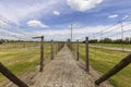 Majdanek concentration and extermination camp Konzentrationslager Lublin, view of barbed wire fence and watchtower, Majdanek;