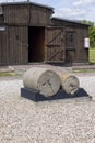 Majdanek Nazi concentration and extermination camp, view of wooden barrack andhandheld road roller used by prisoners, Lublin,