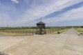 Majdanek Nazi concentration and extermination camp, view of wooden guard tower and barbed wire fence, Lublin, Poland