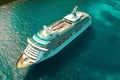 A majestic aerial shot of a massive cruise ship sailing through crystal-clear turquoise waters, showcasing the grandeur and beauty