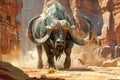 Majestic African Buffalo Charging Through A Dusty Landscape With Iconic Red Rocks
