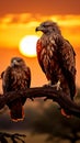 Majestic African eagle perched on a tree branch during sunset