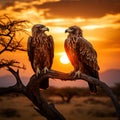 Majestic African eagle perched on a tree branch during sunset