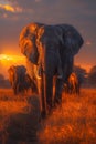 Majestic african elephant herd in golden dawn light on vast savanna plains, displaying grandeur