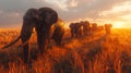 Majestic african elephant herd in ultra wide angle spotlight photorealistic dawn on the savanna