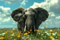 Majestic African Elephant in Lush Flower Meadow under Blue Sky with Clouds