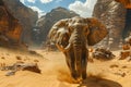 Majestic African Elephant Roaming Free in Sunlit Desert Landscape with Dramatic Sandstone Formations