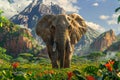 Majestic African Elephant Roaming in Lush Mountainous Landscape, Vibrant Nature Scenery