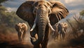 Majestic African elephant walking in tranquil savannah at sunset generated by AI Royalty Free Stock Photo