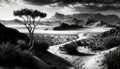 Majestic African Landscape: Black and White AI-generated River