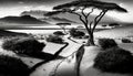 Majestic African Landscape: Black and White AI-generated River