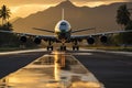 Majestic airliner prepping for takeoff against mountain and palm backdrop.