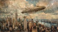 Majestic Airship: Iconic Hindenburg Sails Across New York Skyline Royalty Free Stock Photo