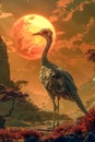 Majestic Alien Bird Basking in the Glow of a Giant Red Moon on an Exotic Planet with Lush Flora Royalty Free Stock Photo