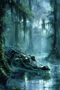 Majestic Alligator Lurking in Mysterious Misty Swamp with Ethereal Light Rays and Dense Forest Vegetation Royalty Free Stock Photo