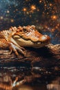 Majestic Alligator Resting on a Log at Night with Magical Winter Snowflakes Surrounding Royalty Free Stock Photo