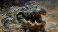 Majestic alligator shows ruggedness, scaly skin, and formidable teeth in photorealistic image