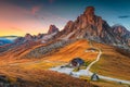 Majestic alpine pass with high peaks in background, Dolomites, Italy Royalty Free Stock Photo