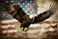 Majestic american bald eagle perched on grunge american flag, symbolizing patriotism and freedom Royalty Free Stock Photo