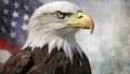 Majestic american bald eagle perched on grunge flag background, symbolizing patriotism and freedom Royalty Free Stock Photo