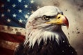 Majestic american bald eagle perched on grunge flag, symbolizing freedom and patriotism