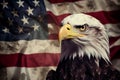 Majestic american bald eagle perched on weathered grunge flag with patriotic symbolism Royalty Free Stock Photo