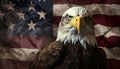 Majestic american bald eagle proudly perched on a weathered and tattered grunge style american flag Royalty Free Stock Photo