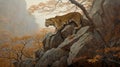 Majestic Amur Leopard in Korean Taiga Forest among large stones, AI generative