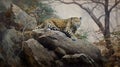 Majestic Amur Leopard in Korean Taiga Forest among large stones, AI generative