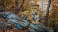 Majestic Amur Leopard in Korean Taiga Forest among large stones, AI generative