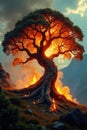 A majestic ancient tree, blazing with internal fire, stands on a mountainside at dusk. Generative AI Royalty Free Stock Photo