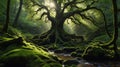 Ancient Mossy Tree Roots and Mystical Light in the Forest with a Flowing Stream Royalty Free Stock Photo