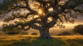 Majestic Oak Tree Bathed in Golden Sunlight at Sunset Serenity Royalty Free Stock Photo