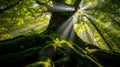 Majestic Ancient Tree Viewed From Below With Sunlight Streaming Through Dense Green Forest Canopy and Mossy Roots Royalty Free Stock Photo