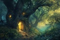 Majestic ancient trees with hidden doors glowing softly in an enchanted forest twilight Royalty Free Stock Photo