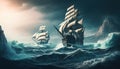 Majestic ancient warships braving turbulent seas, on voyage to conquer Royalty Free Stock Photo
